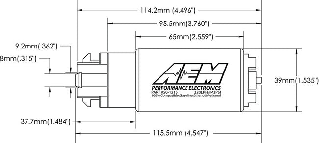 AEM 320LPH E85 High Flow In-Tank Fuel Pump (65mm with hooks, offset inlet)