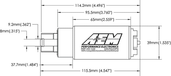 AEM 320LPH E85 High Flow In-Tank Fuel Pump (65mm, offset inlet)